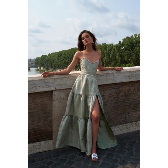 V. Chapman The Vivian Pearl Studded Slit Maxi Dress Sage Windsor Brocade Size 0 - Picture 1 of 9